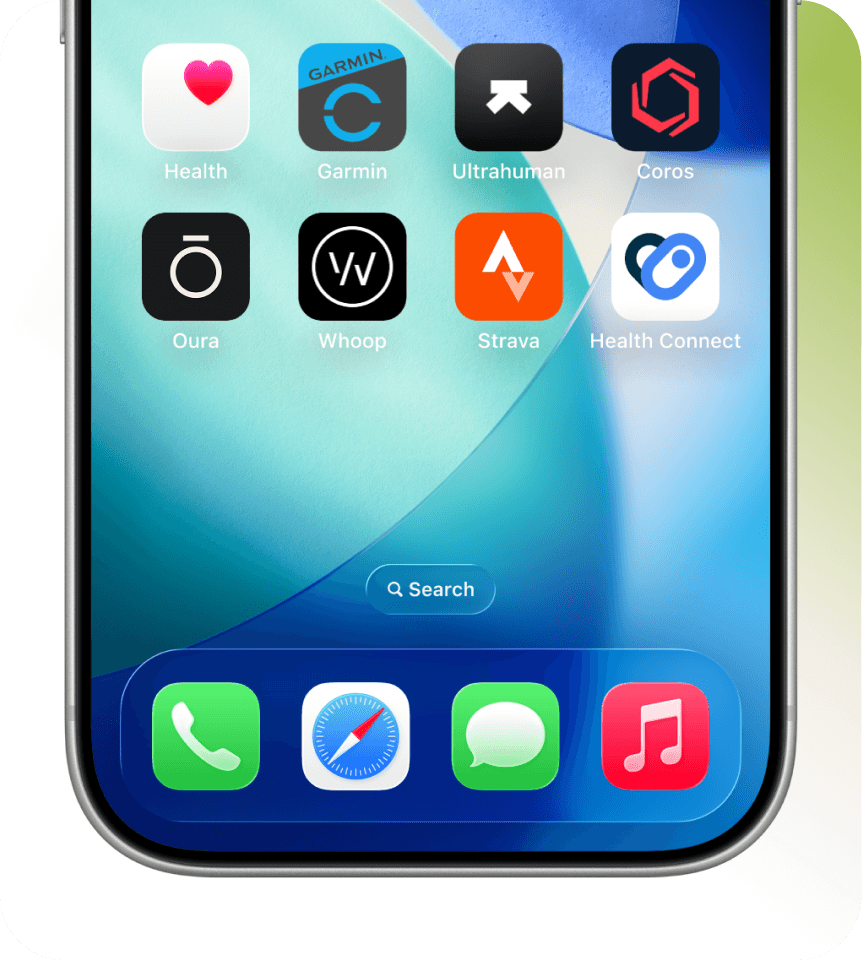 Phone home screen with Health, Garmin Connect, Ultrahuman, Coros, Oura, WHOOP, Strava and Health Connect apps